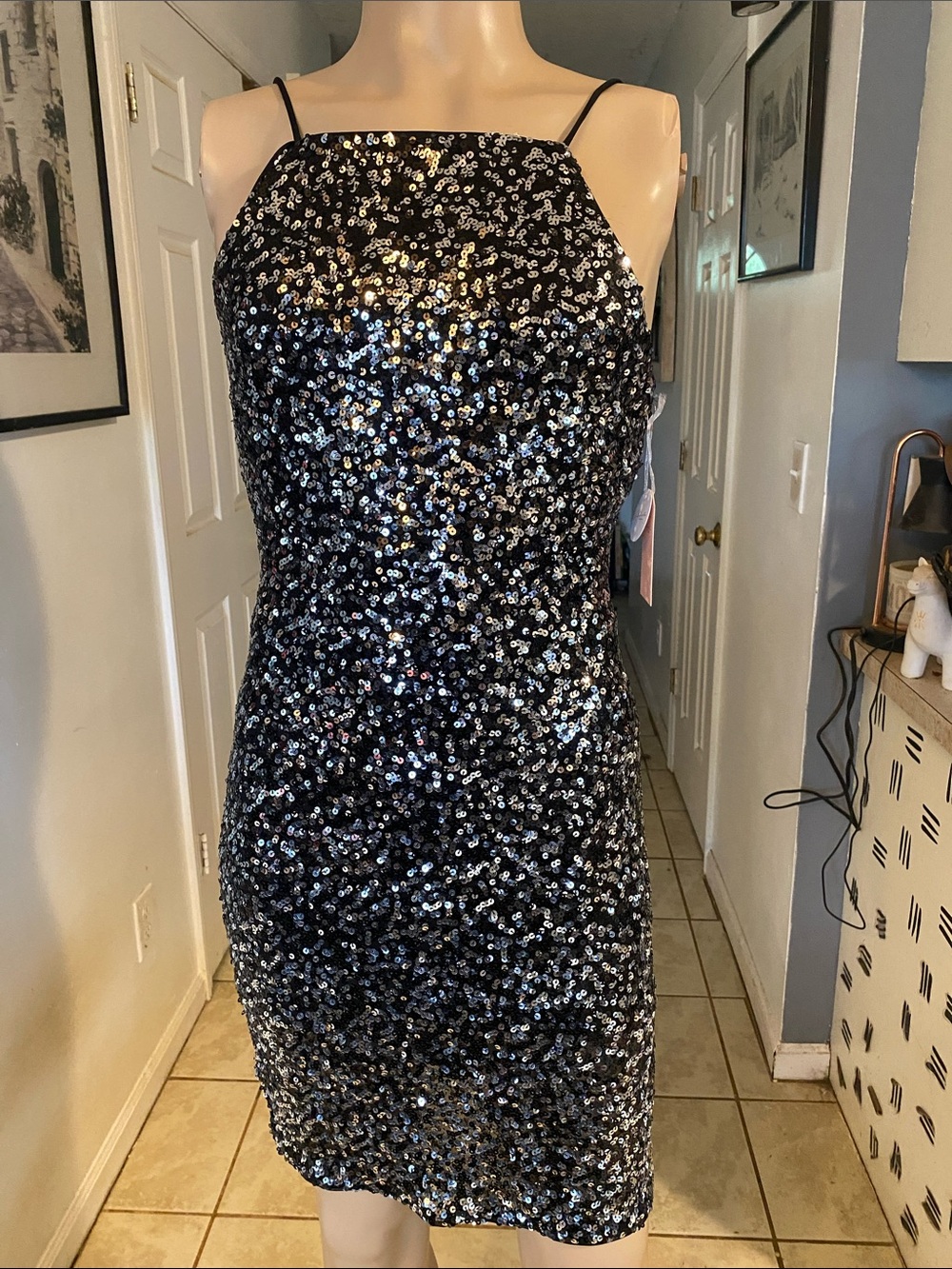 Blashe Black Sequin Spaghetti-Strap Mini Dress with Square Neck
